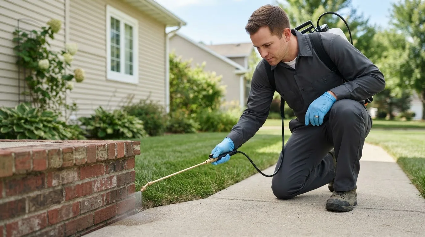 Pest control technician treating a home near Milford, IA