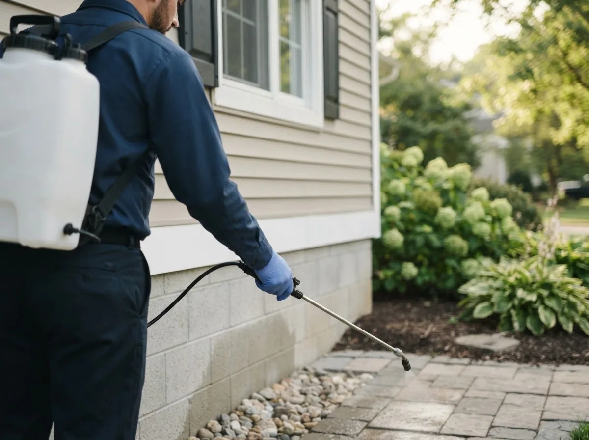Pest control technician inspecting a home in Milford, IA
